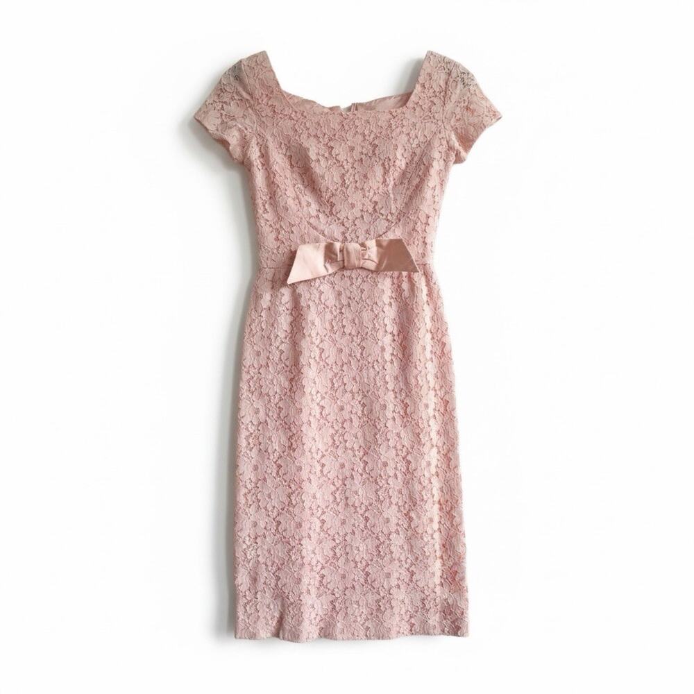 Vintage Dubarry Blush Pink Lace Wiggle Dress Bow Waist Sheath Small Bow Detail